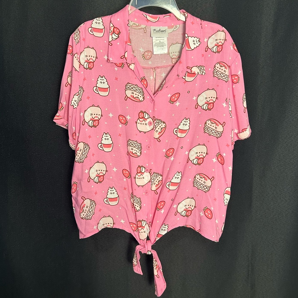 Pusheen Cat Pink Sweets Pattern Button Up Top with Front Tie Size XL